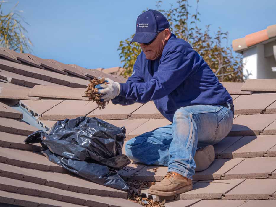 Team member cleaning a roof